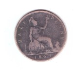 Moneda Anglia 1/2 / half penny 1864, uzata, curata