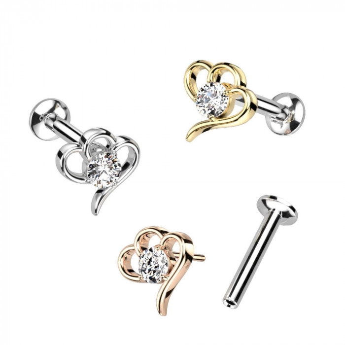 Labret pentru buză și bărbie glisabil din oțel - contururi de inimi conectate, zircon, 6 mm - Culoare Piercing: Auriu