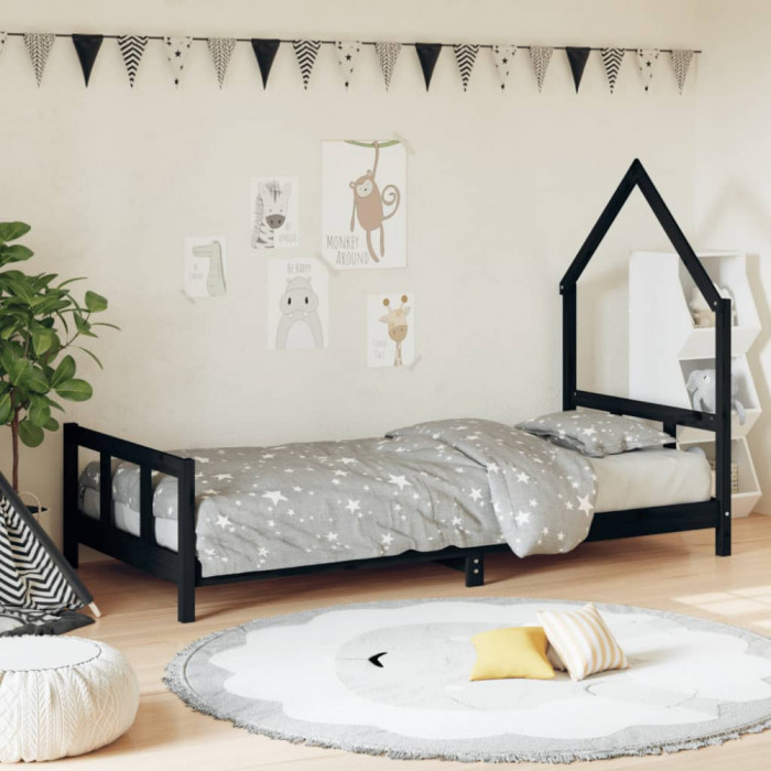 vidaXL Cadru de pat pentru copii, negru, 90x190 cm, lemn masiv de pin 834563