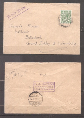 Great Britain 1921 Postal History Rare Cover to Luxembourg D.1105 foto