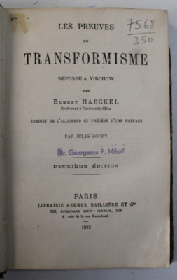 LES PREUVES DU TRANSFORMISME par ERNEST HAECKEL , 1882 foto