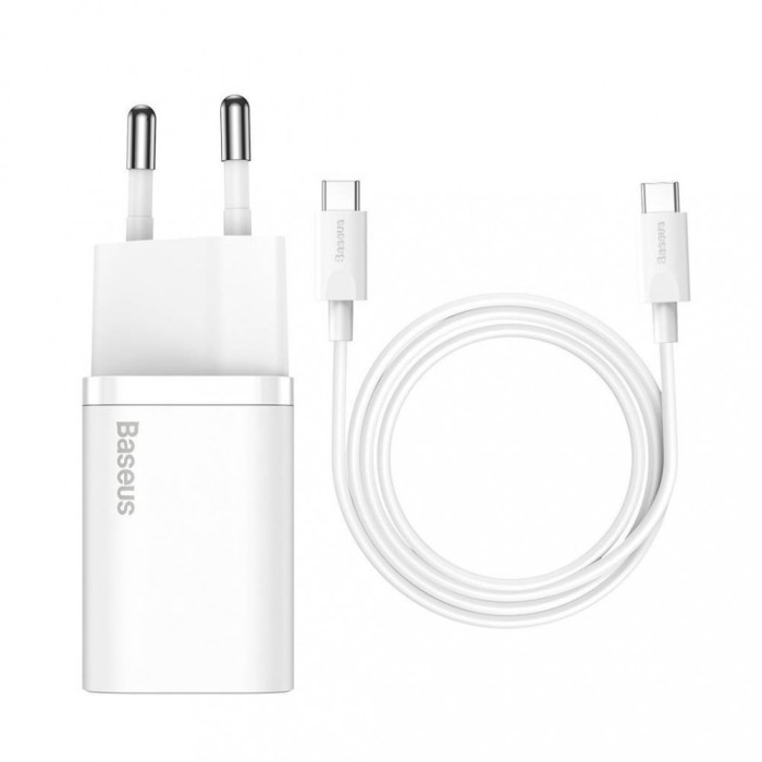 INCARCATOR retea Baseus Super Si, Quick Charge 25W, 1 x USB Type-C 5V/3A max, include cablu USB Type-C la USB Type-C 1m, alb &amp;quot;TZCCSUP-L02&amp;quot; (