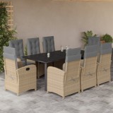 VidaXL Set de masă pentru grădină, 9 piese, cu perne, bej, poliratan