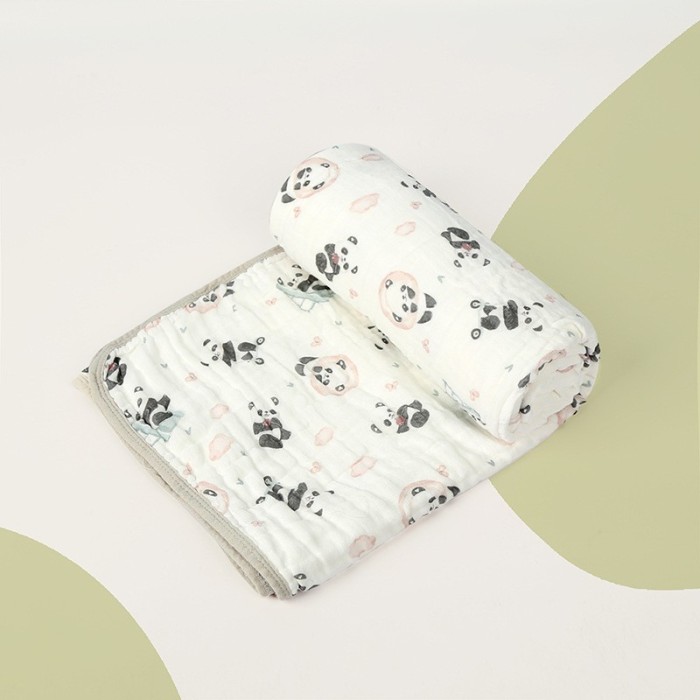 Prosop de baie din bumbac si tifon pentru Bebelusi, Flippy, cu Sase Straturi, pentru Copii, 110x110 cm, Model Panda, Bej Verde