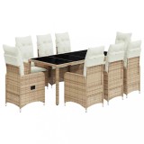 Cumpara ieftin Set bistro de gradina, 9 piese, cu perne, bej, poliratan