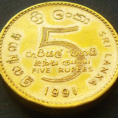 Moneda exotica 5 RUPII - SRI LANKA, anul 1991 *cod 2527