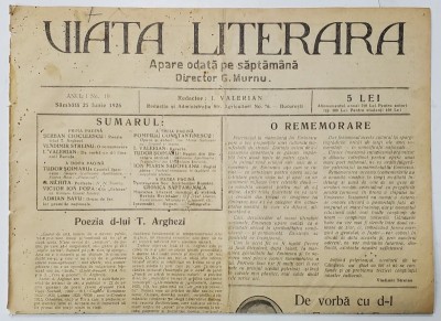 VIATA LITERARA , DIRECTOR G. MURNU , SAPTAMANAL , ANUL I , NR. 19 , 25 IUNIE , 1926 foto