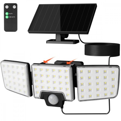 Lampa solara LED de perete Lepro PR640005. 1000lm, LED, Telecomanda, 3 panouri, 2 moduri, senzor de miscare foto