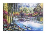 Cumpara ieftin Tablou impasto pictat manual living, dormitor, Peisaj cu nuferi si pod japonez, 100x70cm ulei pe panza, Valentin Pop
