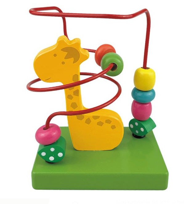 Jucarie educativa cu baza din lemn, labirint motric, bile din plastic colorate, forma girafa in mijloc, lemn, Multicolor