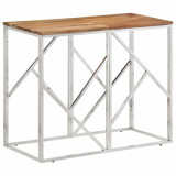 Masuta cafea Gossi argintie, 90x40x70 cm, otel inoxidabil &amp; lemn masiv acacia. Design modern, blat lemn, cadru metalic. Living, hol