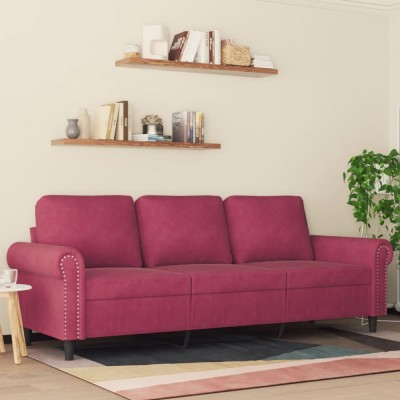 vidaXL Canapea cu 3 locuri, roșu vin, 180 cm, material catifea 359543 foto