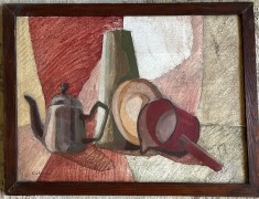 Tablou / lucrare veche &rdquo;Natură statică de atelier&rdquo;, Mircea Ciobanu, ulei pe carton, 74 x 56 cm cu rama, arta romaneasca, artist roman, de colectie