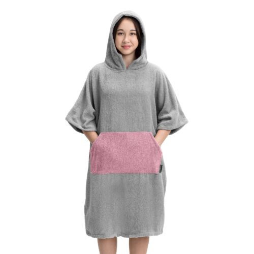 Poncho de baie pentru copii Homelevel, 10-13 ani, Gri/Roz, Bumbac organic, 54880.52.43