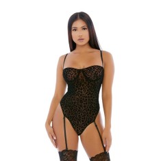 Lenjerie sexy FORPLAY Feline Sexy Teddy, body erotic din plasă cu portjartier, design cu animal print leopard, mărime L