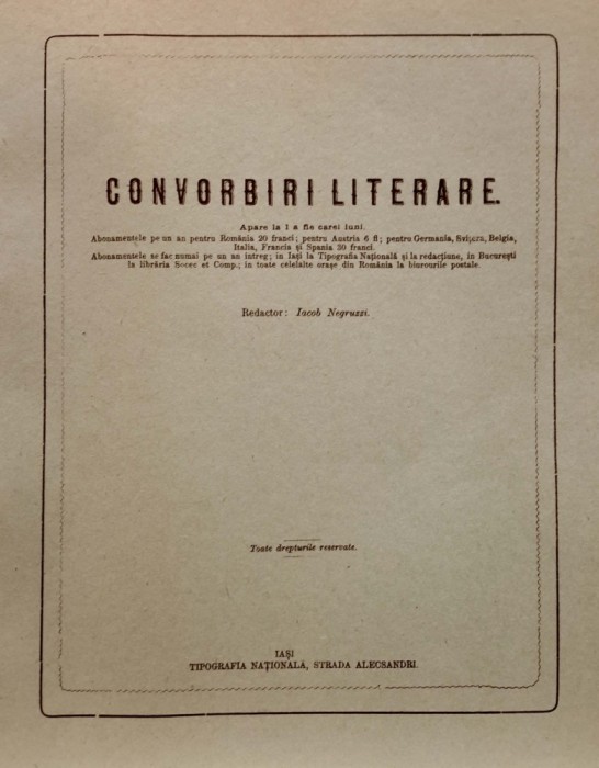 EMINESCU  și ALECSANDRI, &icirc;n &bdquo;Convorbiri Literare&rdquo;, Iași, 1873