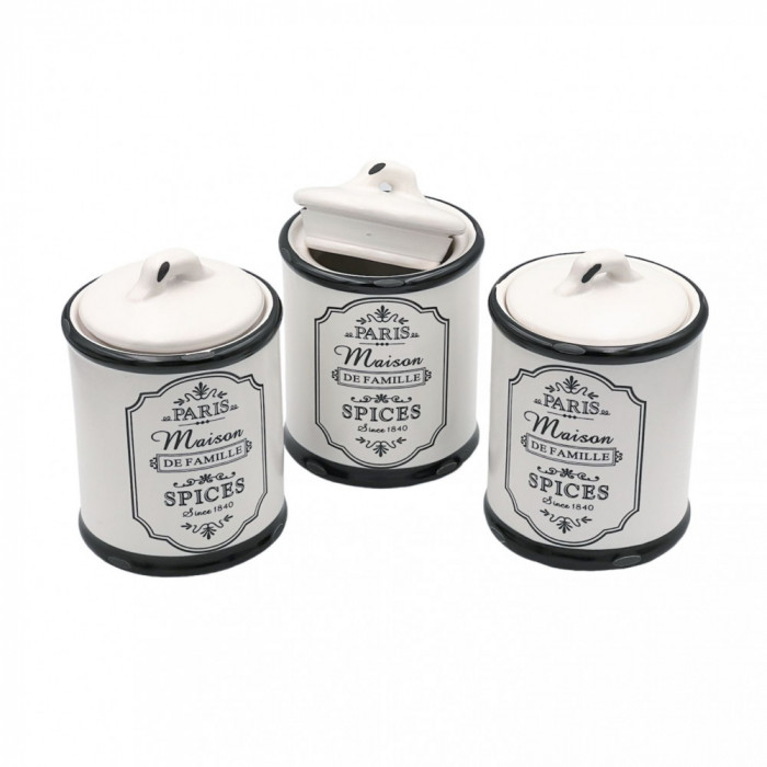 Set 3 recipiente PARIS SPICES, ceramica, Alb, 7x10 cm