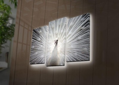 Tablou Canvas cu Led Paun, Multicolor, 66 x 45 cm foto