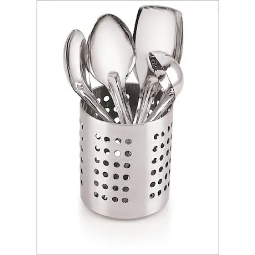 Set ustensile pentru bucatarie, cu 4 piese, din inox, cu suport de inox inclus, compatibil cu masina de spalat vase, argintiu