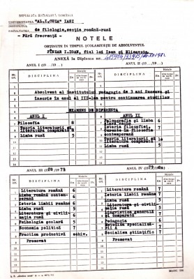 AMS - NOTE FOAIE MATRICOLA FILOLOGIE AL. CUZA IASI, 1978/1980 foto