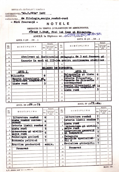 AMS - NOTE FOAIE MATRICOLA FILOLOGIE AL. CUZA IASI, 1978/1980