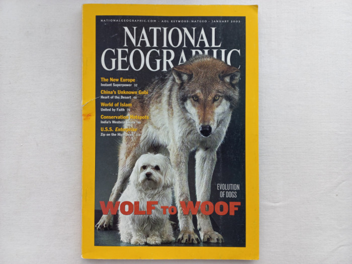NATIONAL GEOGRAPHIC, JANUARY 2002. DOGS. NEW EUROPE. GOBI. WORLD OF ISLAM. WESTE