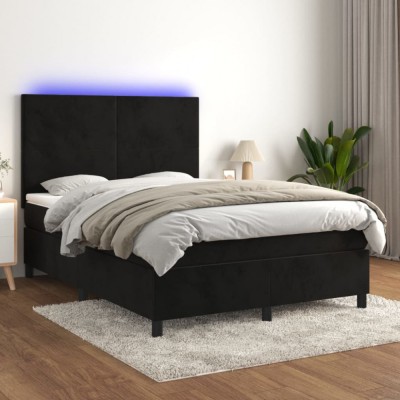 vidaXL Pat cu arcuri, saltea și LED, negru, 140x190 cm, catifea 3136001 foto
