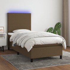 vidaXL Pat cu arcuri, saltea și LED, maro &icirc;nchis, 90x190 cm, textil 3134680