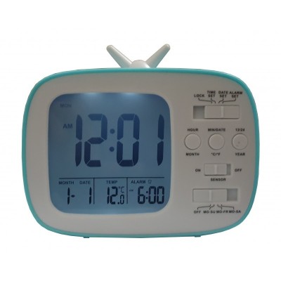 Ceas digital de masa , model Retro TV , afisaj 12/24 h , termometru , albastru foto