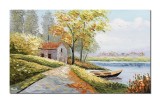 Tablou 3D inspirational peisaj din natura cu barca pictat manual, Liniste deplina, 100x60cm ulei pe panza, Leonard Covaci