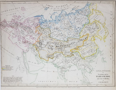 ASIA - EUROPA CU INFLUENTA CURENTILOR IN ZONELE ACESTORA , HARTA CU TERMENII SI EXPLICATIILE IN LIMBA GERMANA , 1850 foto