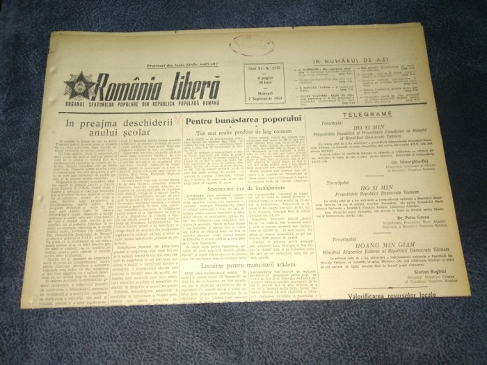 ZIARUL ROMANIA LIBERA 2 SEPTEMBRIE 1953