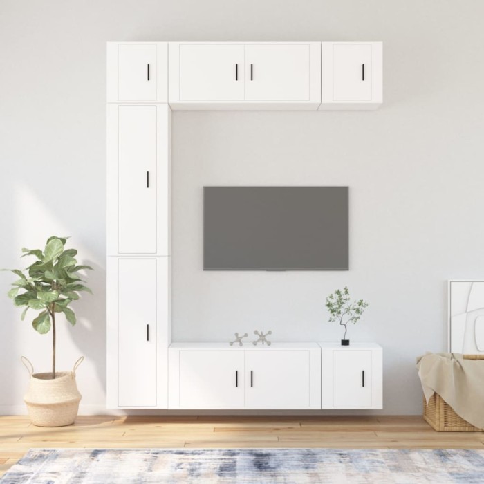 Set dulap TV, 7 piese, alb, lemn prelucrat