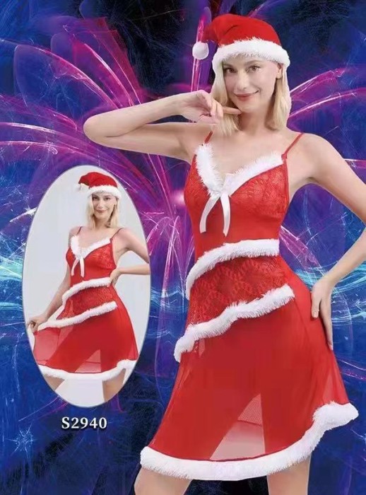 Lenjerie Intima Sexy, 2 Piese, Furou Craciunita si Chiloti Tanga