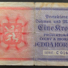 Bancnota istorica 1 COROANA - PROTECTORAT BOHEMIA- MORAVIA, anul 1940 *cod 201