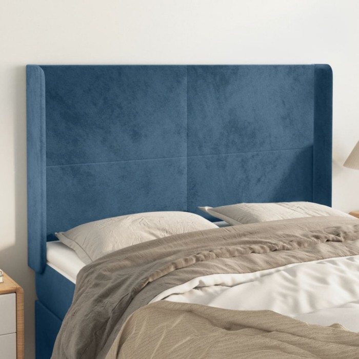 vidaXL Tăblie pat cu urechi albastru &icirc;nchis 147x16x118/128 cm catifea 3119352