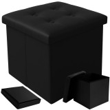 Cumpara ieftin Taburet pliabil din piele ecologica negru, 38 cm, cu spatiu de depozitare