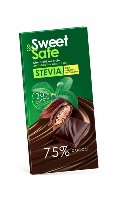 Ciocolata amaruie 75% cacao cu indulcitor din stevia 90gr &quot;sweet &amp; safe&quot; sly