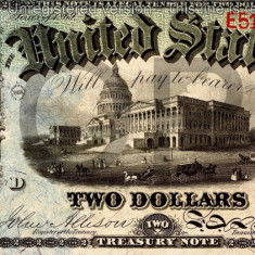 2 dolari 1869 Reproducere Bancnota USD , Dimensiune reala 1:1
