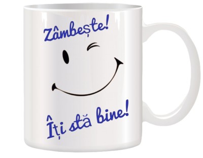 Cana alba personalizata cu mesajul Zambeste! Iti sta bine!, INOVATIX&amp;reg;. 330ml foto