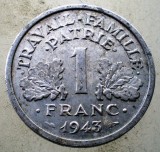 Moneda Franta 1 Franc Vichy WWII 1943 Aluminiu KM#902.1