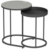 HOMCOM Set de 2 Măsuțe de Cafea &icirc;n Stil Industrial, din Lemn și Metal, &Oslash;42x54 cm și &Oslash;36.5x48.5 cm, Gri și Negru | Aosom Romania