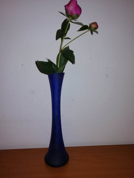 Vaza flori lunga ingusta albastru cobalt sticla mata 33 cm nesemnata