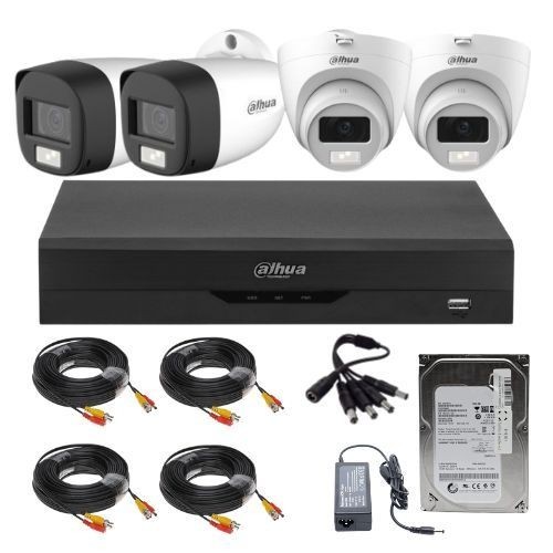 Sistem Supraveghere Mixt Dahua, 2x Bullet 2MP IR + 2x Dome Dual Light 2MP, Microfon Integrat, DVR 4 Canale, HDD 500GB, Accesorii SafetyGuard Surveilla