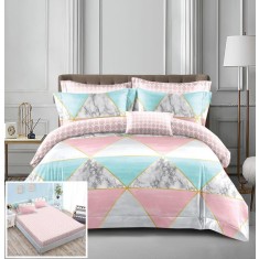 Lenjerie Pat Ramos Px052, Bumbac, 4 Piese, Cu Elastic, Albastru, Imprimeu, Roz