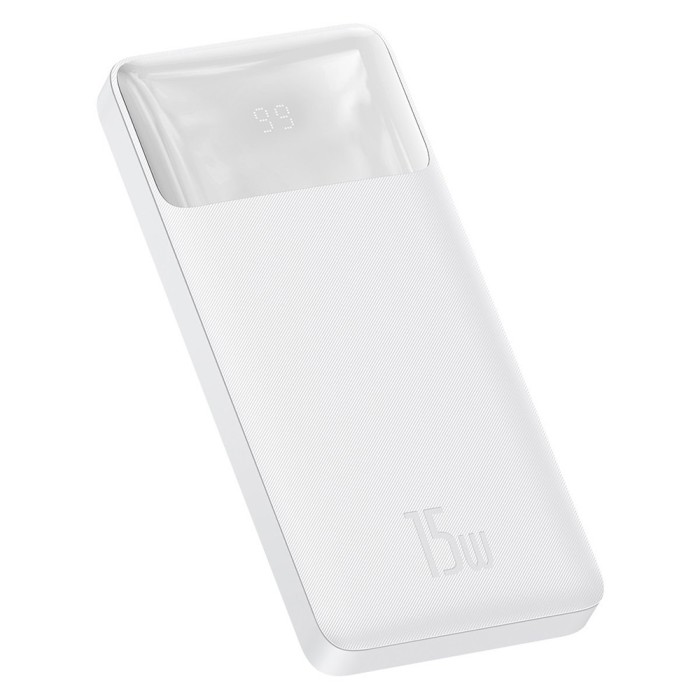 Baseus - Power Bank Bipow (PPBD050002) - Digital Display 2xUSB QC3.0, USB-C 10000mAh 15W + Cable Micro-USB 0.25m - White