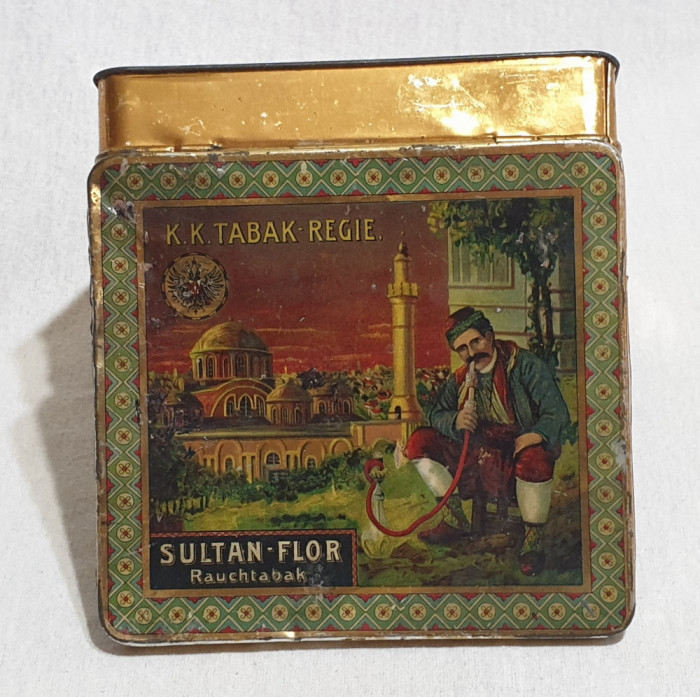 Cutie veche anii 1930 tabla litografiata - Tutun - TABAK REGIE SULTAN - FLOR