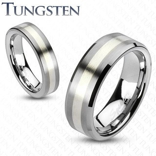 Inel gri din tungsten &amp;ndash; cu o linie argintie - Grosime: 5 mm, Marime inel: 59 foto