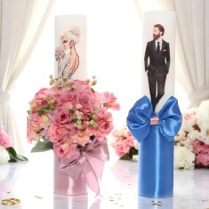 Set 2 Lumanari pentru Nunta cu flori artificiale ROZ - ALBASTRU - LN04