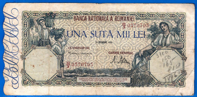 (38) BANCNOTA ROMANIA - 100.000 LEI 1946 (20 DECEMBRIE 1946), FILIGRAN ORIZONTAL foto